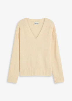 bonprix Bekleidung·Umstandsmode|Strickmode^Oversize-Pullover mit V-Ausschnitt kieselbeige meliert