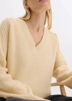 bonprix Bekleidung·Umstandsmode|Strickmode^Oversize-Pullover mit V-Ausschnitt kieselbeige meliert