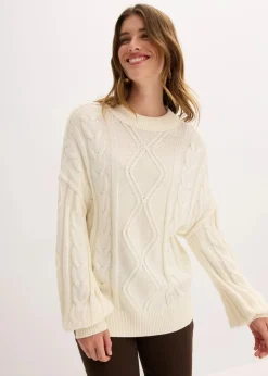 bonprix Strickmode|Pullover & Strickjacken^Oversize-Pullover mit Zopfmuster perlweiß