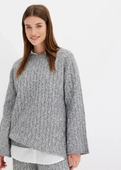 bonprix Bekleidung·Umstandsmode|Bekleidung·Jeans^Oversize-Pullover mit Zopfmuster grau meliert