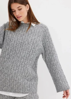 bonprix Bekleidung·Umstandsmode|Bekleidung·Jeans^Oversize-Pullover mit Zopfmuster grau meliert