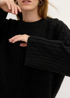 bonprix Bekleidung·Umstandsmode|Bekleidung·Jeans^Oversize-Pullover mit Zopfmuster schwarz