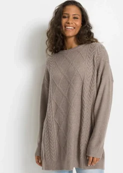 bonprix Bekleidung·Umstandsmode|Bekleidung·Jeans^Oversize-Pullover mit Zopfmuster taupe meliert