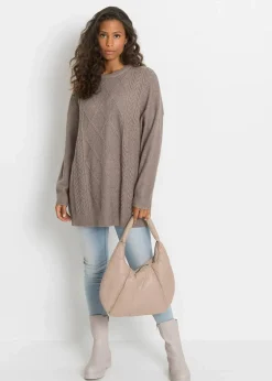 bonprix Bekleidung·Umstandsmode|Bekleidung·Jeans^Oversize-Pullover mit Zopfmuster taupe meliert