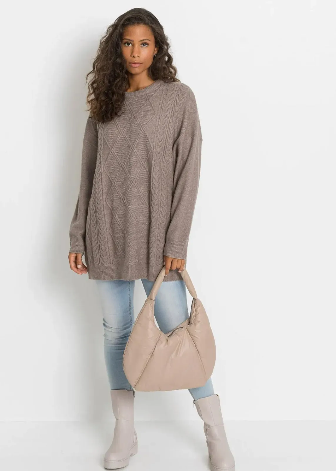bonprix Bekleidung·Umstandsmode|Bekleidung·Jeans^Oversize-Pullover mit Zopfmuster taupe meliert