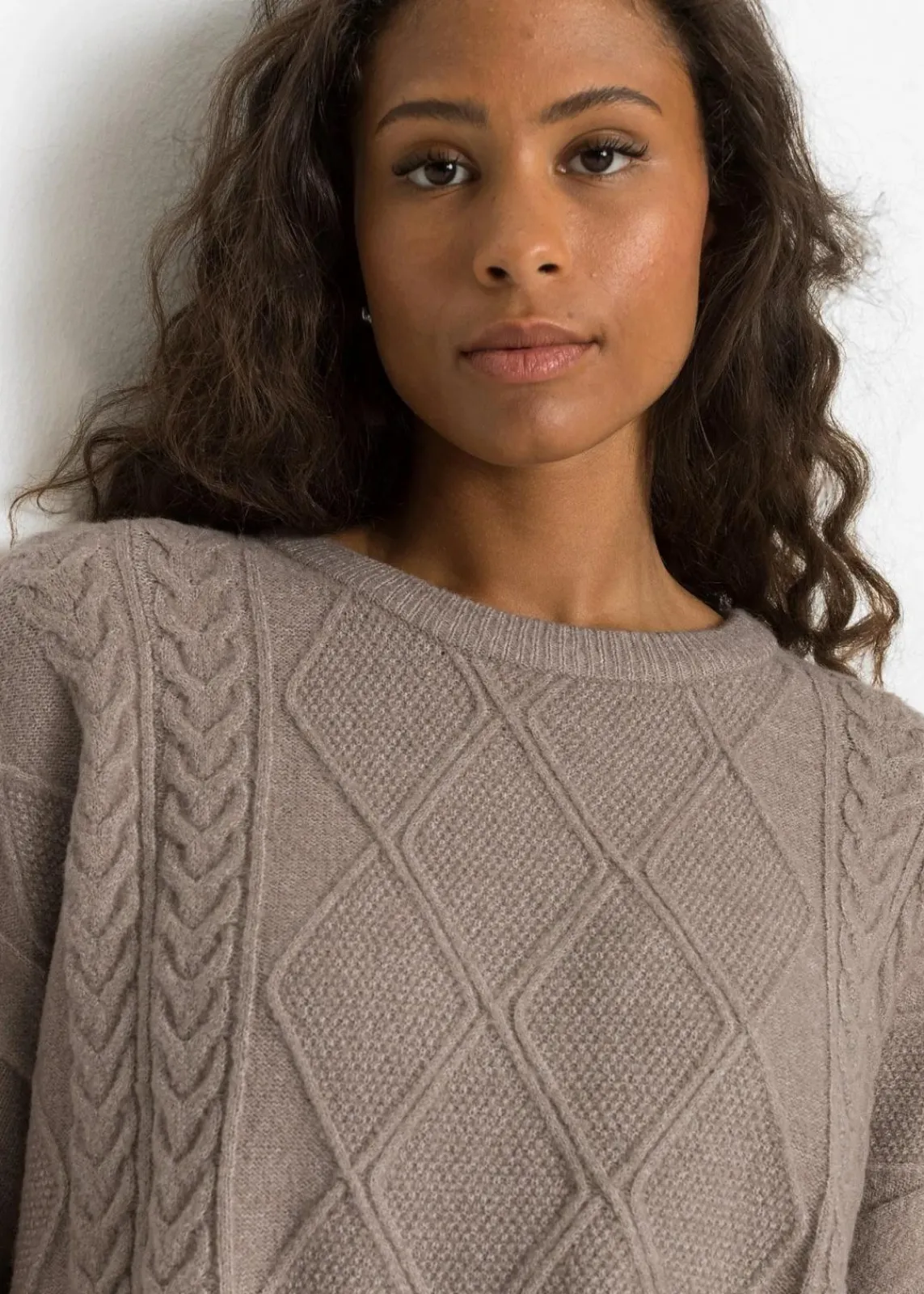 bonprix Bekleidung·Umstandsmode|Bekleidung·Jeans^Oversize-Pullover mit Zopfmuster taupe meliert