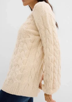 bonprix Bekleidung·Umstandsmode|Bekleidung·Jeans^Oversize-Pullover mit Zopfmuster kieselbeige