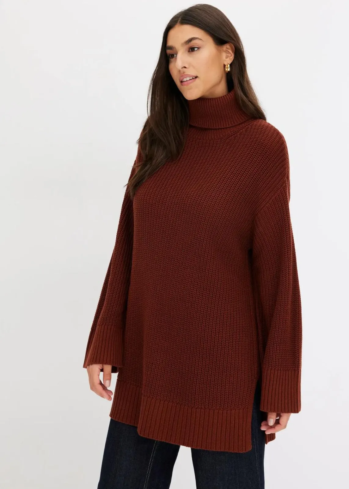 bonprix Bekleidung·Umstandsmode|Strickmode^Oversize-Rollkragenpullover aus Baumwoll-Mix mahagonibraun