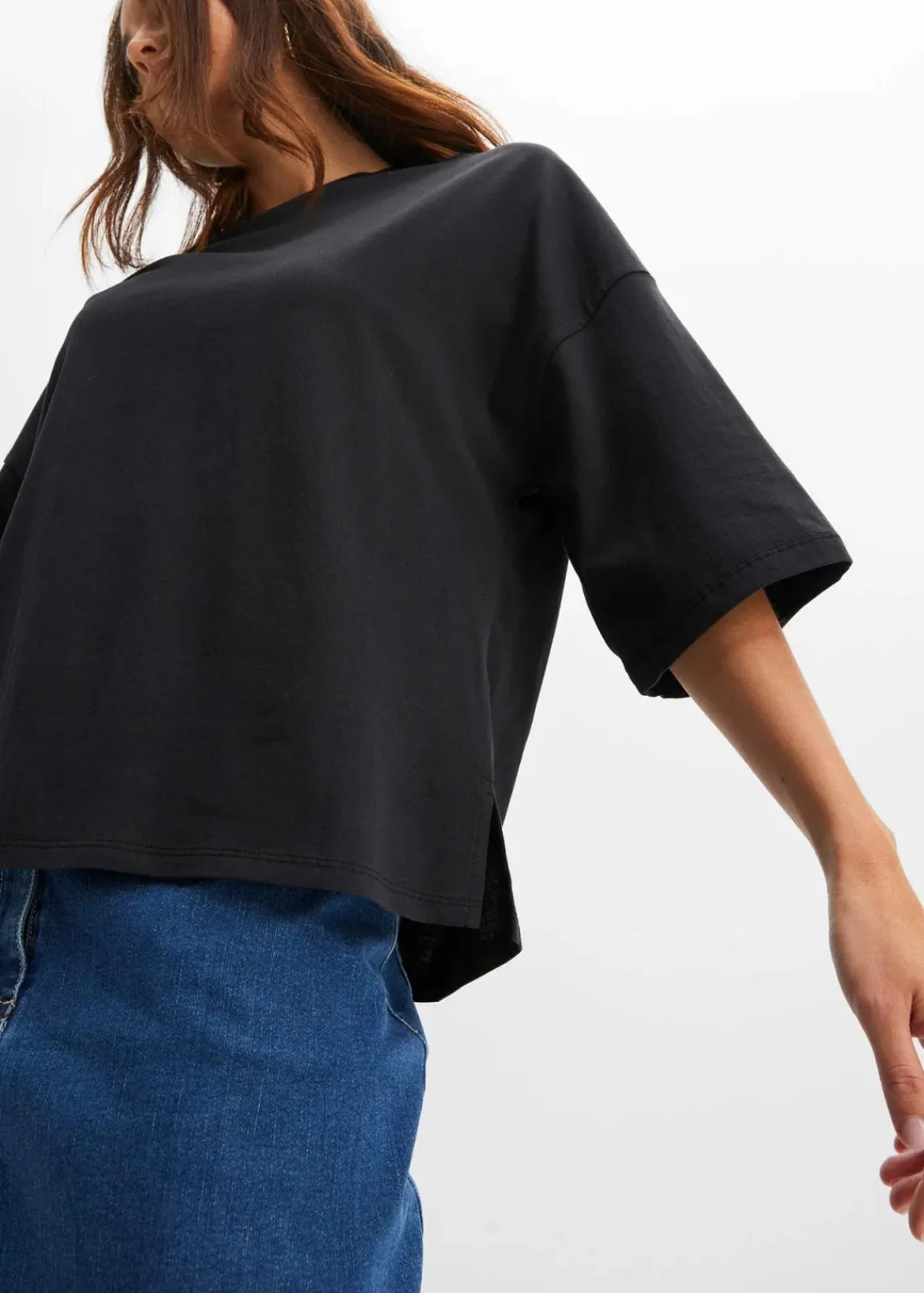 bonprix Shirts & Tops|Nachhaltigere Materialien^Oversize-Shirt aus elastischem Bio-Baumwoll-Mix schwarz