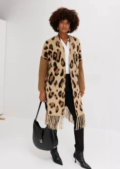 bonprix Bekleidung·Umstandsmode|Bekleidung·Jeans^Oversize-Strickjacke beige/braun/schwarz leo bedruckt
