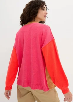 bonprix Bekleidung·Umstandsmode|Bekleidung·Jeans^Oversize-Strickjacke mit Color-Blocking cremebeige/neonorange/dunkelpink