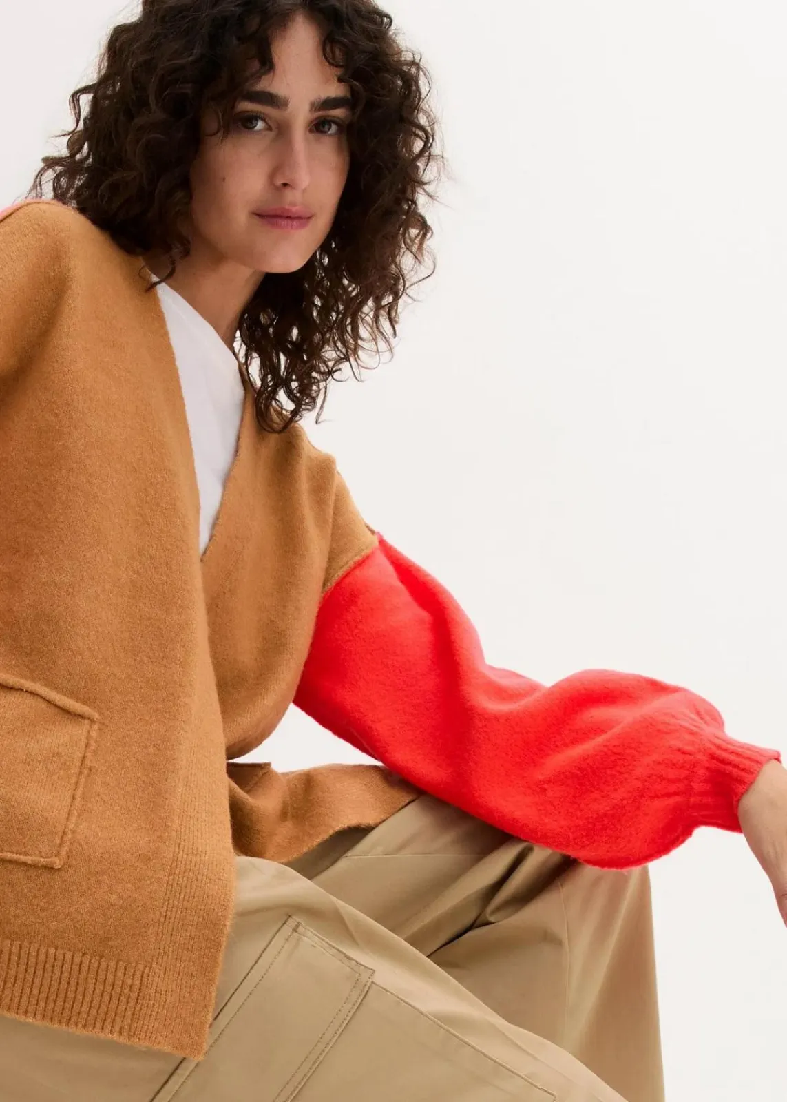 bonprix Bekleidung·Umstandsmode|Bekleidung·Jeans^Oversize-Strickjacke mit Color-Blocking cremebeige/neonorange/dunkelpink