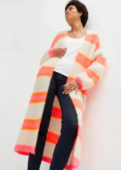 bonprix Bekleidung·Umstandsmode|Bekleidung·Jeans^Oversize-Strickmantel puderweiß/neonorange/pink quer gestreift