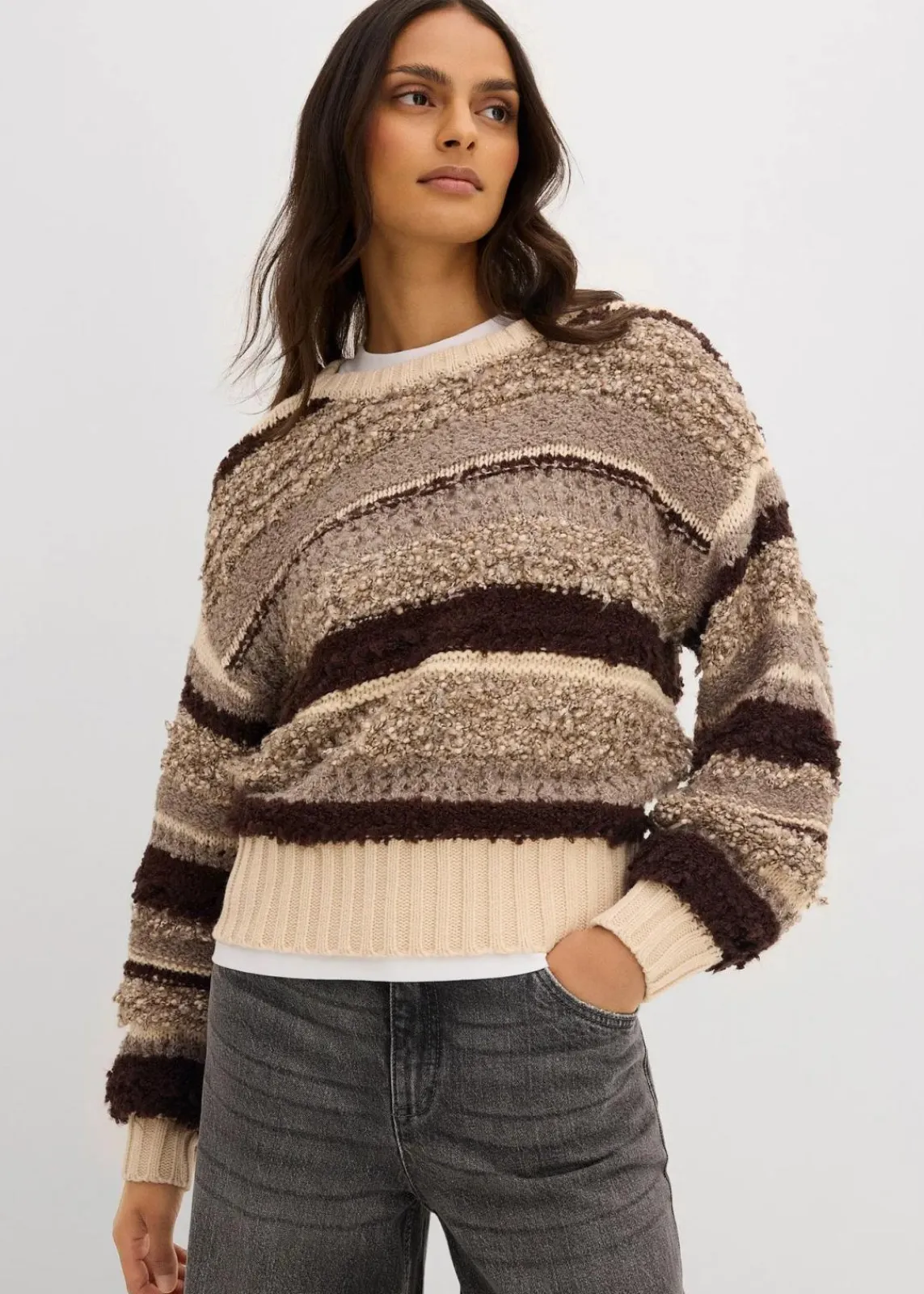 bonprix Bekleidung·Umstandsmode|Bekleidung·Jeans^Oversize-Strickpullover dunkelbraun/sandbeige gestreift