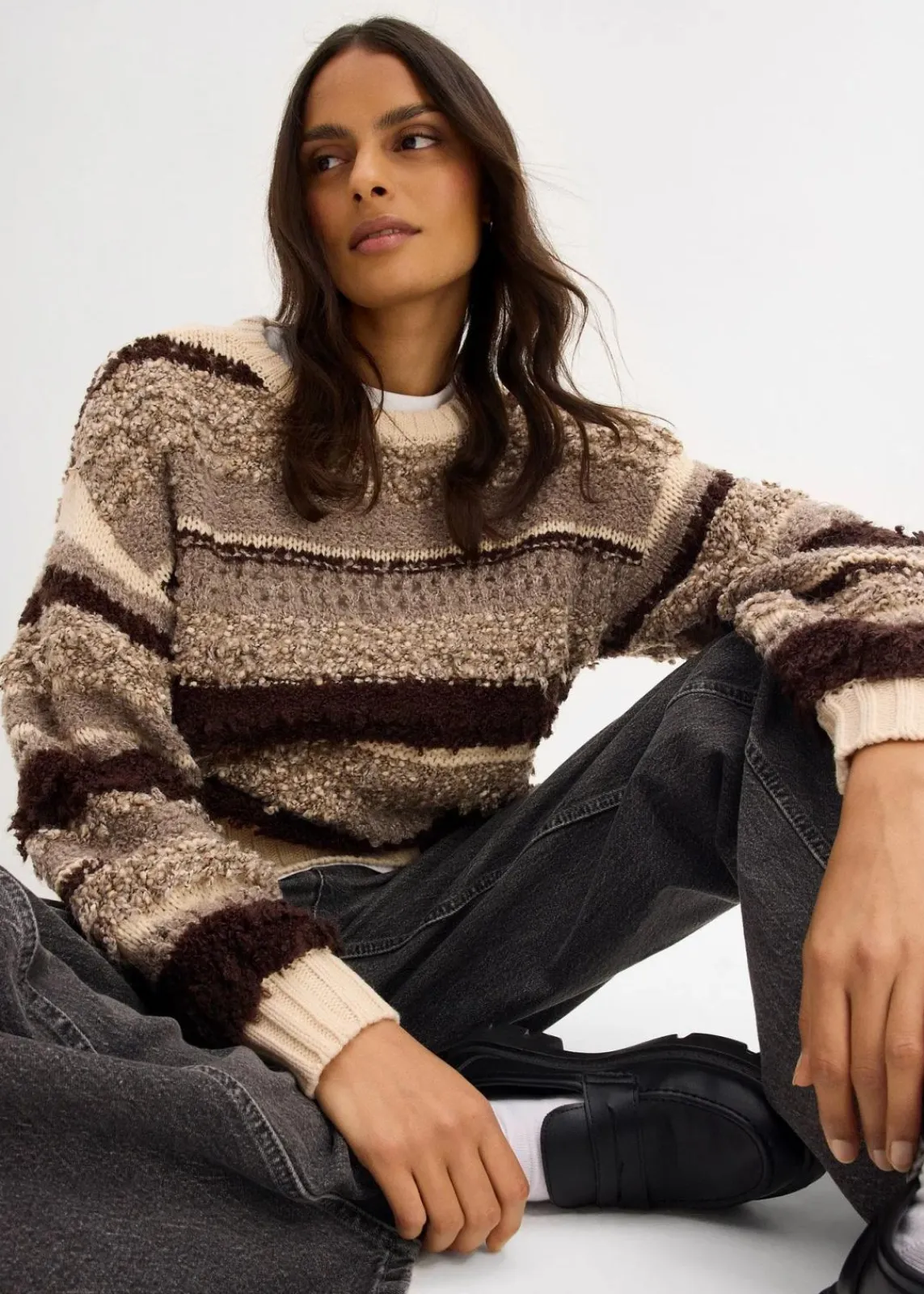 bonprix Bekleidung·Umstandsmode|Bekleidung·Jeans^Oversize-Strickpullover dunkelbraun/sandbeige gestreift