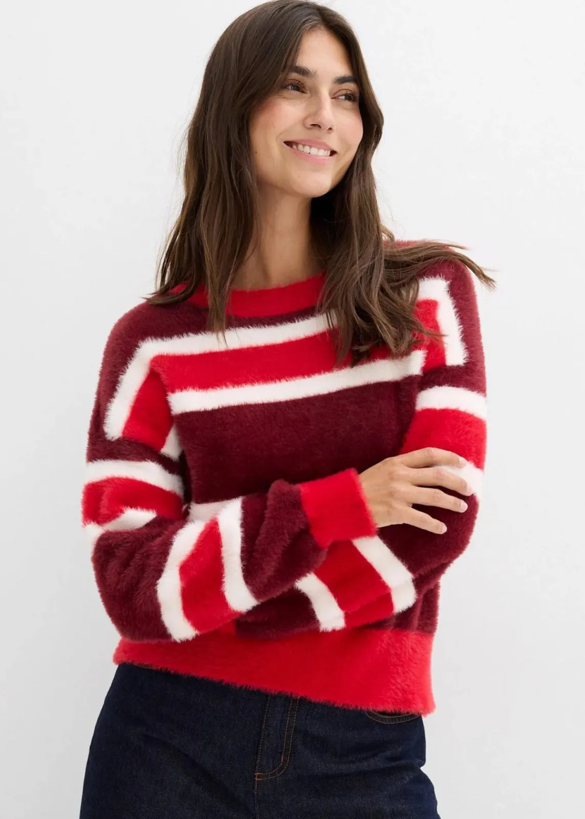 bonprix Bekleidung·Umstandsmode|Pullover & Strickjacken^Oversize-Strickpullover rubinrot/rot/wollweiß gestreift