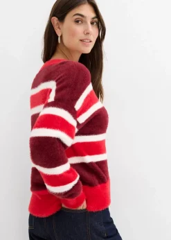 bonprix Bekleidung·Umstandsmode|Pullover & Strickjacken^Oversize-Strickpullover rubinrot/rot/wollweiß gestreift