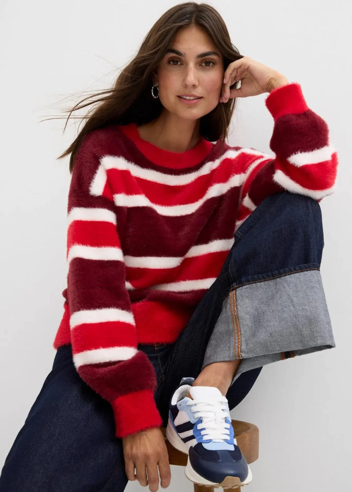 bonprix Bekleidung·Umstandsmode|Pullover & Strickjacken^Oversize-Strickpullover rubinrot/rot/wollweiß gestreift