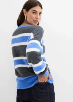 bonprix Bekleidung·Umstandsmode|Pullover & Strickjacken^Oversize-Strickpullover anthrazit/himmelblau/wollweiß gestreift