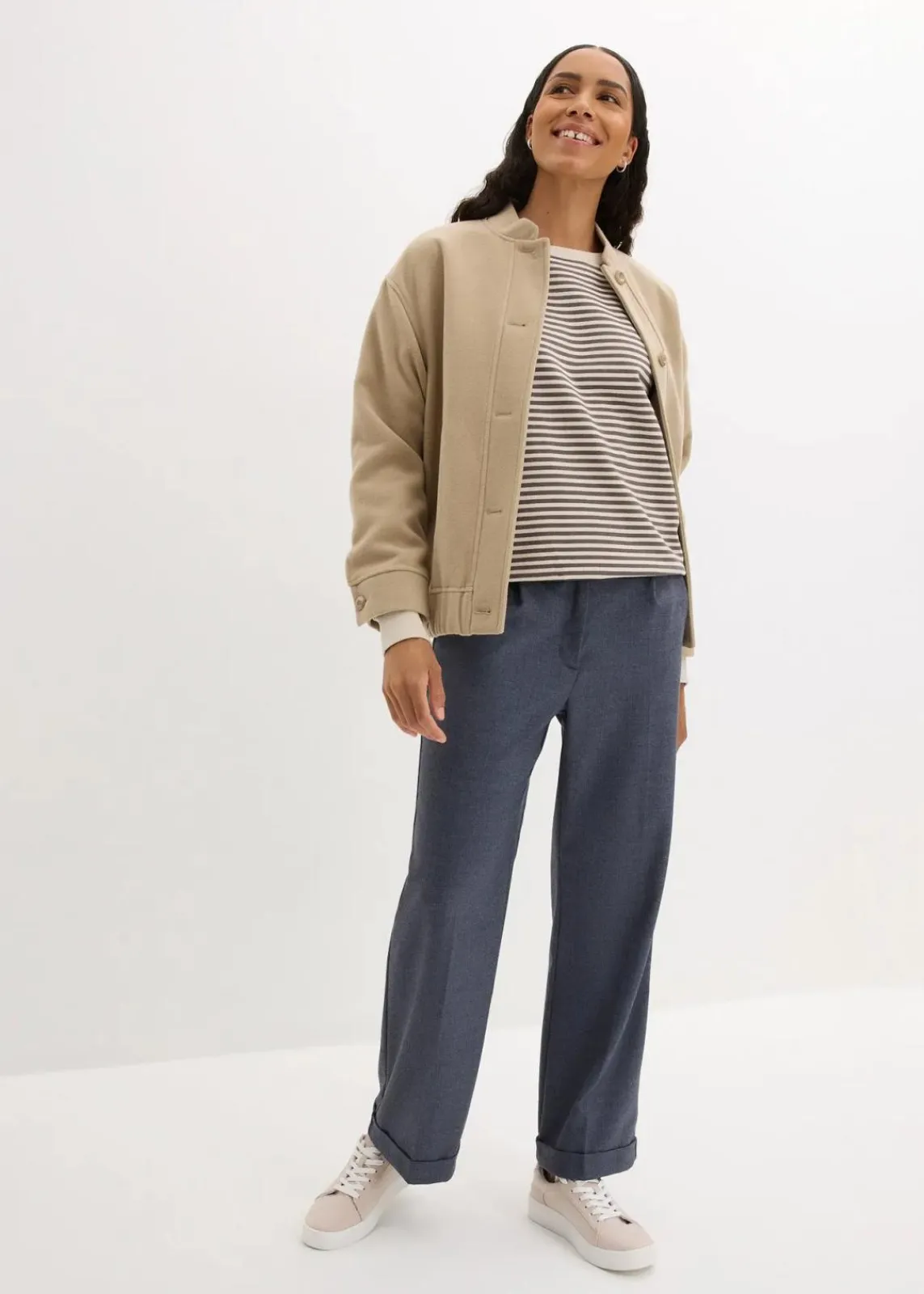 bonprix Basics|Sweat^Oversize-Sweatshirt rauchgrau/wollweiß gestreift