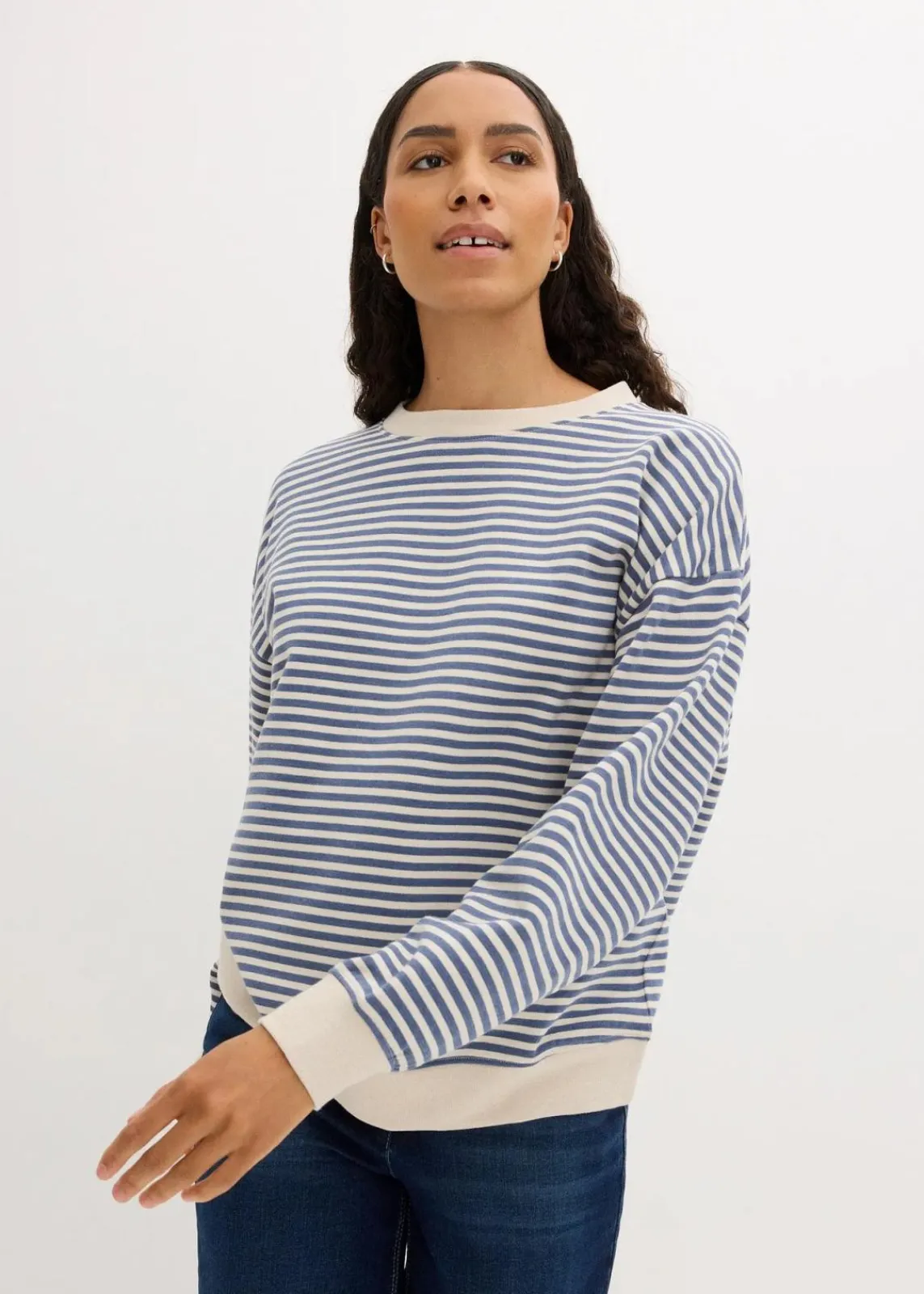 bonprix Bekleidung·Blusen & Tuniken|Bekleidung·Röcke^Oversize-Sweatshirt jeansblau/wollweiß gestreift