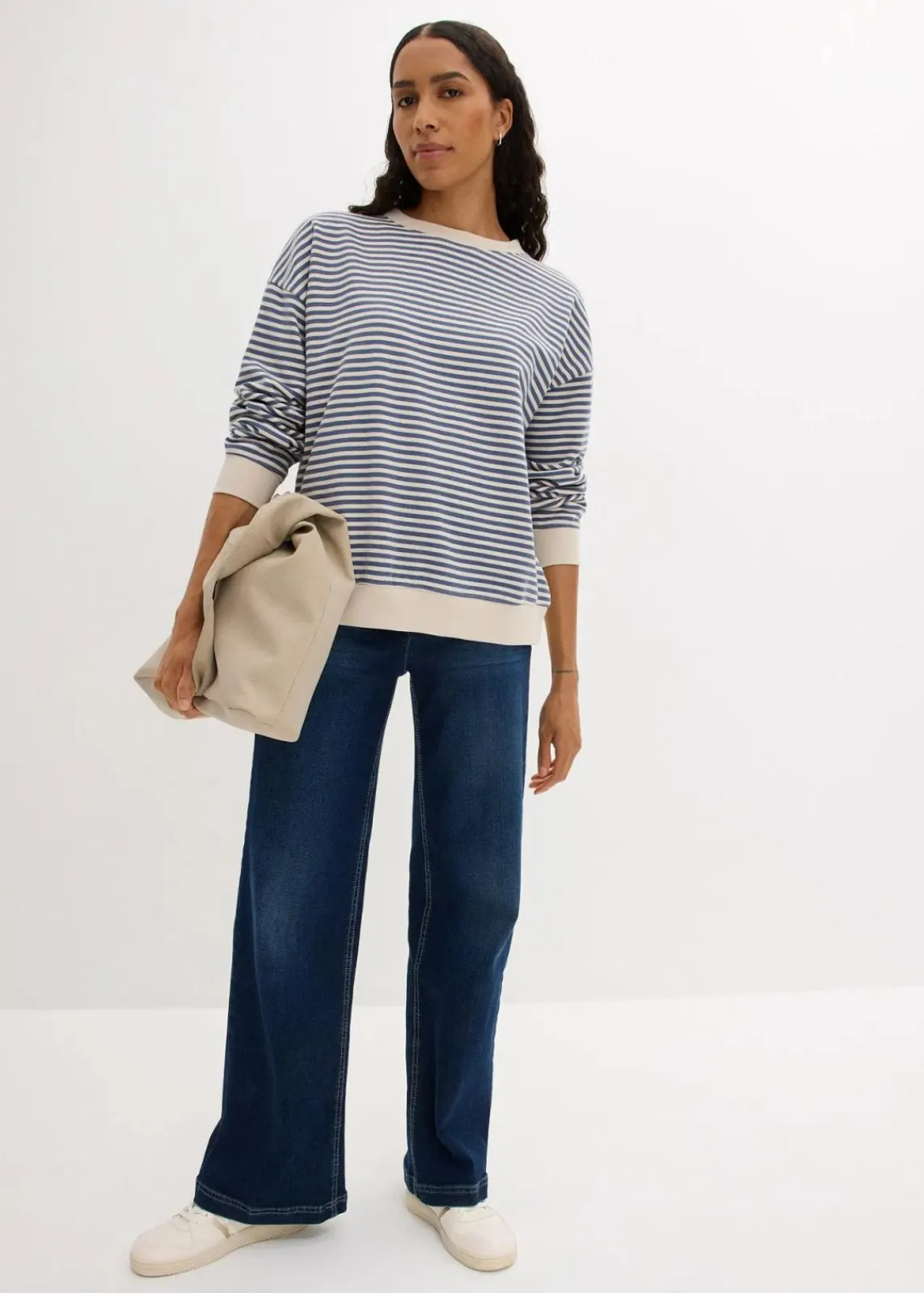 bonprix Bekleidung·Blusen & Tuniken|Bekleidung·Röcke^Oversize-Sweatshirt jeansblau/wollweiß gestreift