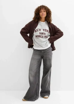 bonprix Nachhaltigere Materialien|Sweat^Oversize-Sweatshirt hellgrau meliert/weinrot bedruckt