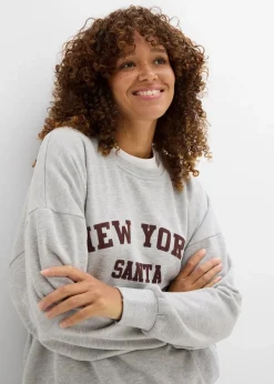 bonprix Nachhaltigere Materialien|Sweat^Oversize-Sweatshirt hellgrau meliert/weinrot bedruckt