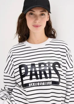 bonprix Bekleidung·Blusen & Tuniken|Sweat^Oversize-Sweatshirt aus Baumwoll-Mix weiß/schwarz gestreift