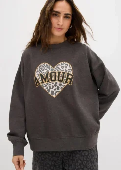 bonprix Sweat|Bekleidung·Blusen & Tuniken^Oversize-Sweatshirt aus Baumwoll-Mix grau washed bedruckt
