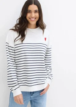 bonprix Sweat|Nachhaltigere Materialien^Oversize-Sweatshirt aus Baumwollmix wollweiß/dunkelblau gestreift