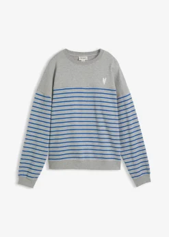 bonprix Bekleidung·Blusen & Tuniken|Nachhaltigere Materialien^Oversize-Sweatshirt aus Baumwollmix hellgrau meliert/arktikblau/weiß gestreift