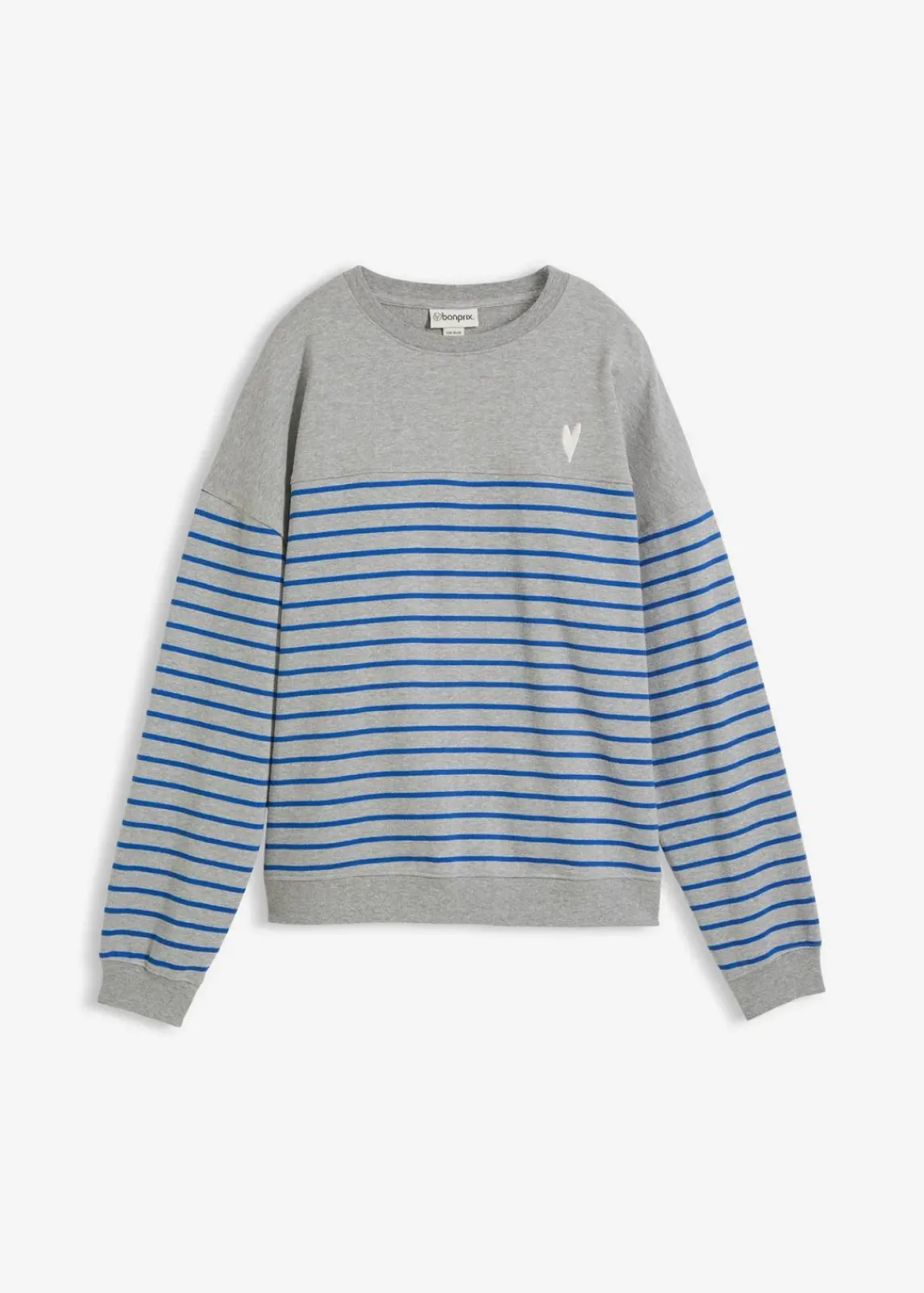 bonprix Bekleidung·Blusen & Tuniken|Nachhaltigere Materialien^Oversize-Sweatshirt aus Baumwollmix hellgrau meliert/arktikblau/weiß gestreift