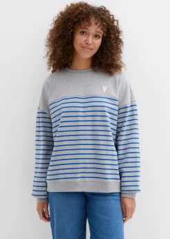 bonprix Bekleidung·Blusen & Tuniken|Nachhaltigere Materialien^Oversize-Sweatshirt aus Baumwollmix hellgrau meliert/arktikblau/weiß gestreift
