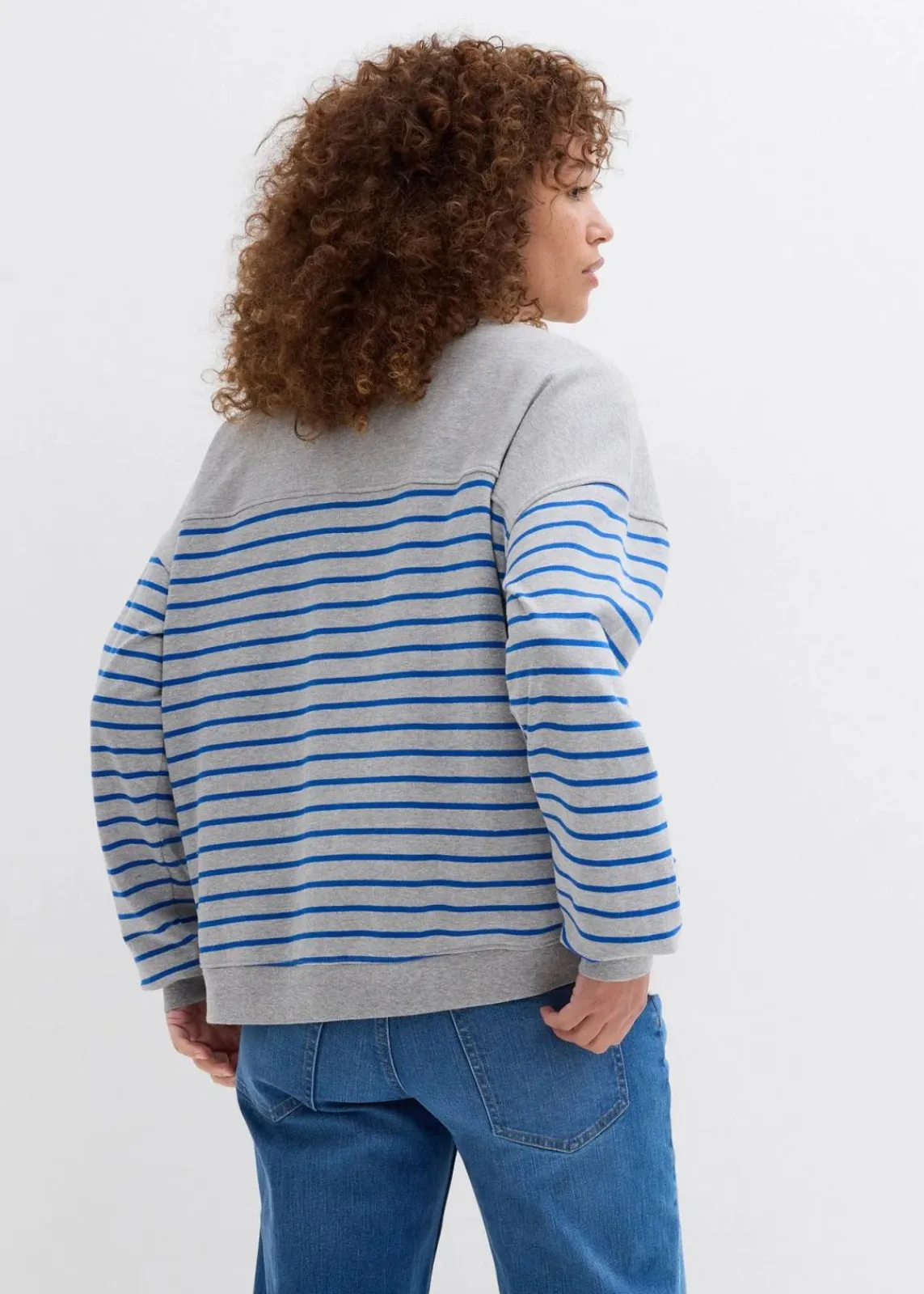bonprix Bekleidung·Blusen & Tuniken|Nachhaltigere Materialien^Oversize-Sweatshirt aus Baumwollmix hellgrau meliert/arktikblau/weiß gestreift