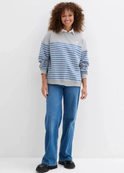 bonprix Bekleidung·Blusen & Tuniken|Nachhaltigere Materialien^Oversize-Sweatshirt aus Baumwollmix hellgrau meliert/arktikblau/weiß gestreift