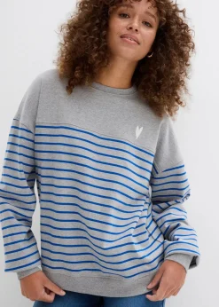 bonprix Bekleidung·Blusen & Tuniken|Nachhaltigere Materialien^Oversize-Sweatshirt aus Baumwollmix hellgrau meliert/arktikblau/weiß gestreift
