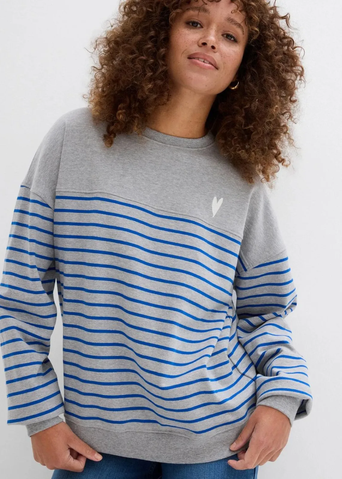 bonprix Bekleidung·Blusen & Tuniken|Nachhaltigere Materialien^Oversize-Sweatshirt aus Baumwollmix hellgrau meliert/arktikblau/weiß gestreift