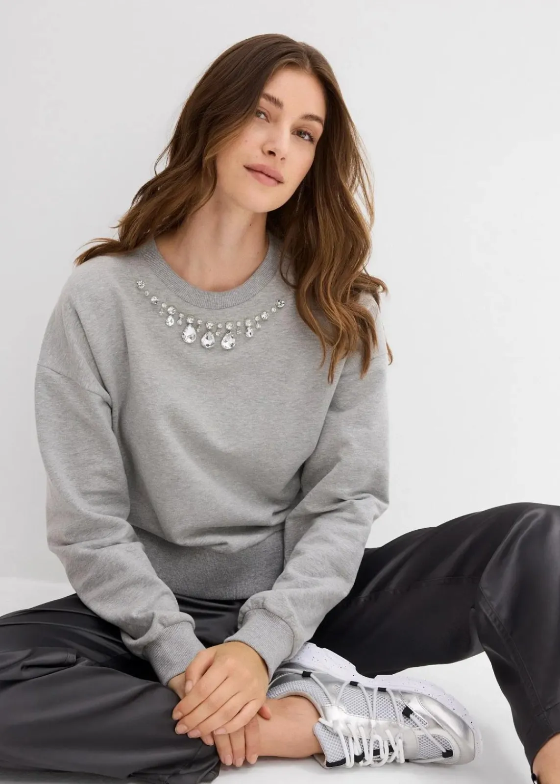 bonprix Bekleidung·Blusen & Tuniken|Sweat^Oversize-Sweatshirt aus Baumwolle silber hellgrau meliert