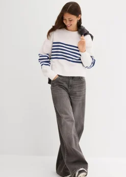 bonprix Bekleidung·Blusen & Tuniken|Sweat^Oversize-Sweatshirt aus reiner Baumwolle weiß/mitternachtsblau gestreift
