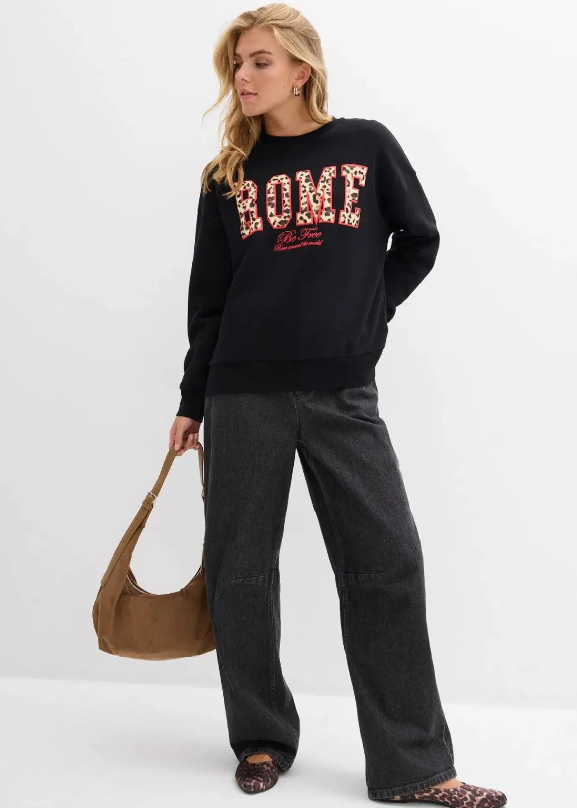 bonprix Sweat|Nachhaltigere Materialien^Oversize-Sweatshirt aus reiner Bio-Baumwolle schwarz leo
