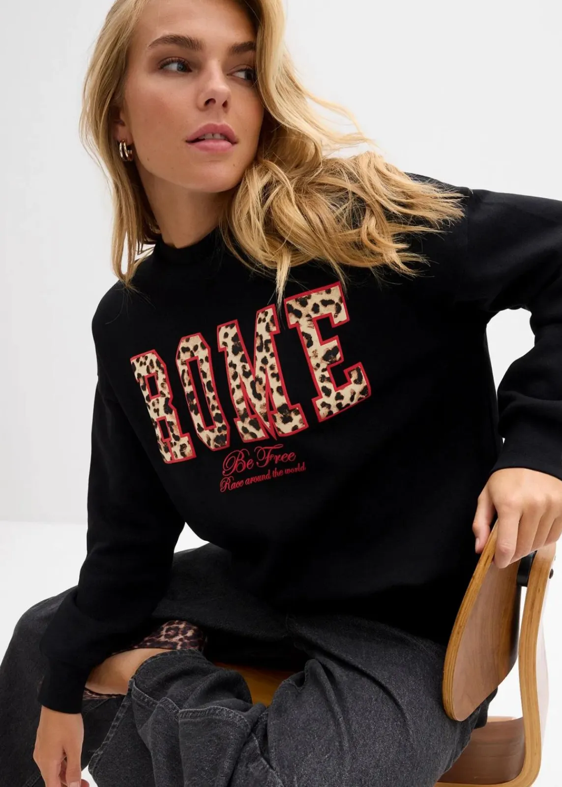 bonprix Sweat|Nachhaltigere Materialien^Oversize-Sweatshirt aus reiner Bio-Baumwolle schwarz leo