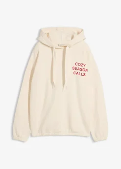 bonprix Sweat|Nachhaltigere Materialien^Oversize-Sweatshirt aus reiner Baumwolle naturbeige/salsarot bedruckt