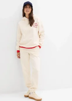 bonprix Sweat|Nachhaltigere Materialien^Oversize-Sweatshirt aus reiner Baumwolle naturbeige/salsarot bedruckt