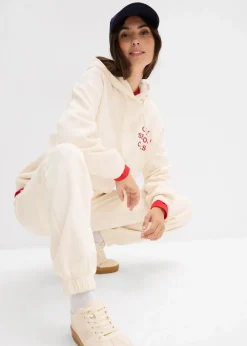 bonprix Sweat|Nachhaltigere Materialien^Oversize-Sweatshirt aus reiner Baumwolle naturbeige/salsarot bedruckt