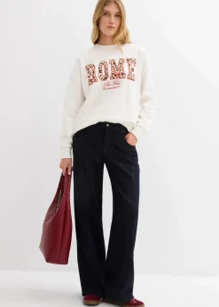 bonprix Bekleidung·Blusen & Tuniken|Nachhaltigere Materialien^Oversize-Sweatshirt aus reiner Bio-Baumwolle wollweiß leo