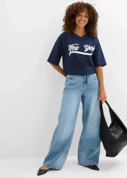 bonprix Nachhaltigere Materialien|Sweat^Oversize-Sweatshirt aus weichem Baumwoll-Mix dunkelblau/weiß