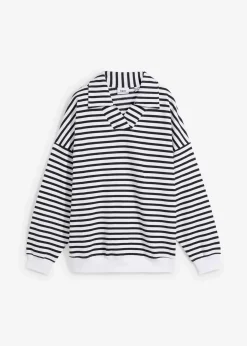 bonprix Bekleidung·Blusen & Tuniken|Nachhaltigere Materialien^Oversize-Sweatshirt mit V-Ausschnitt und Polokragen weiß/schwarz gestreift