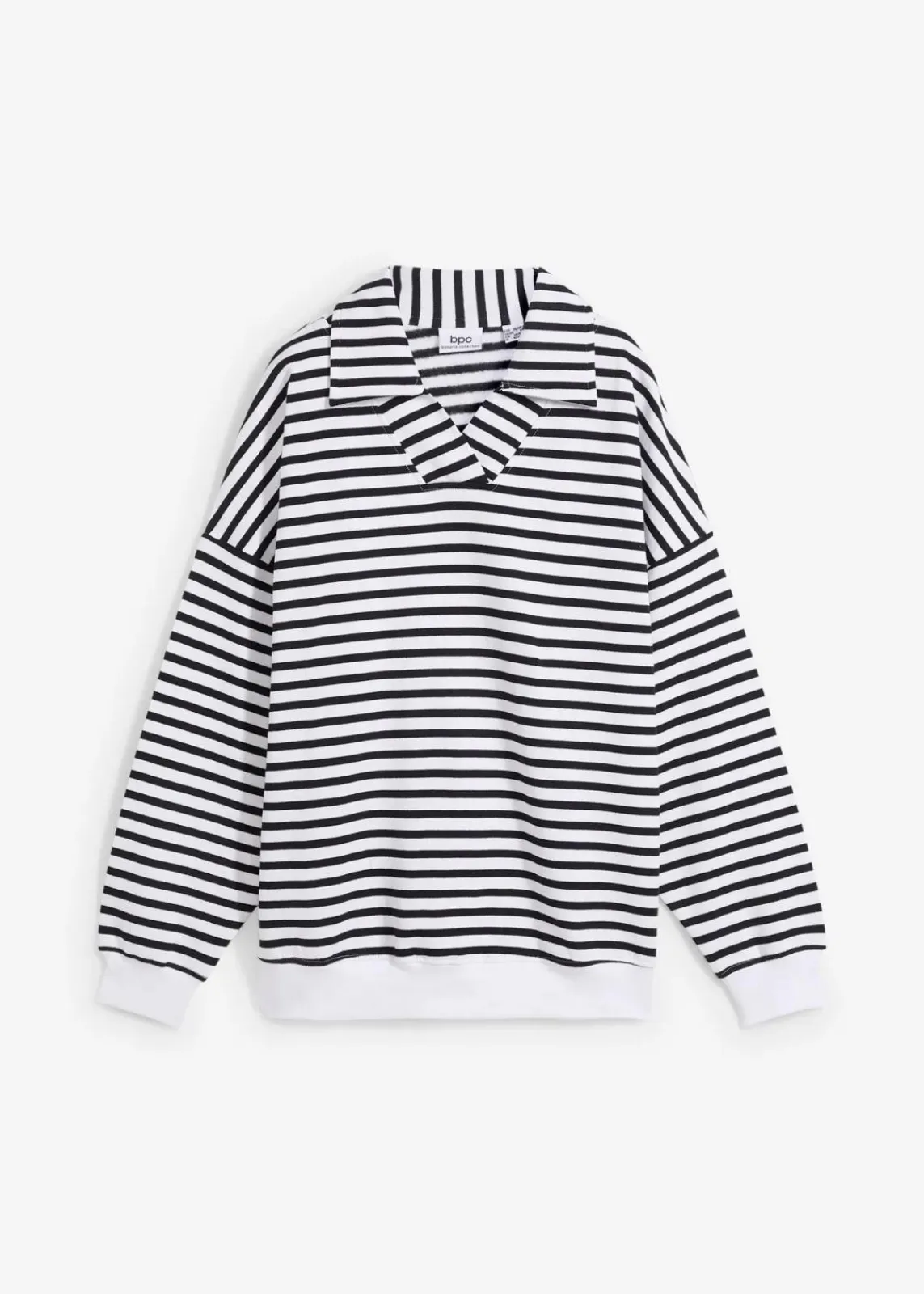 bonprix Bekleidung·Blusen & Tuniken|Nachhaltigere Materialien^Oversize-Sweatshirt mit V-Ausschnitt und Polokragen weiß/schwarz gestreift