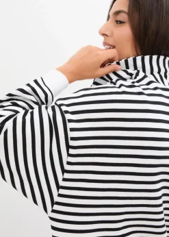 bonprix Bekleidung·Blusen & Tuniken|Nachhaltigere Materialien^Oversize-Sweatshirt mit V-Ausschnitt und Polokragen weiß/schwarz gestreift